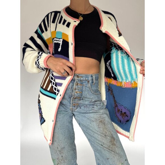 90s vintage music theme musical notes teacher novelty embroidered knit cardigan - Picture 4 of 11